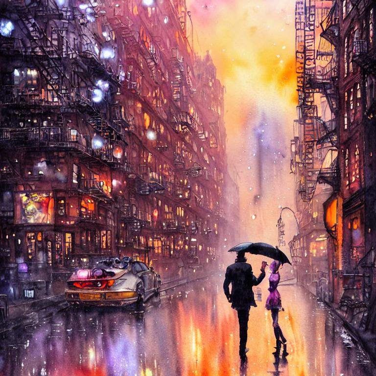Watercolor, steampunk, New York City street, near d... OpenArt
