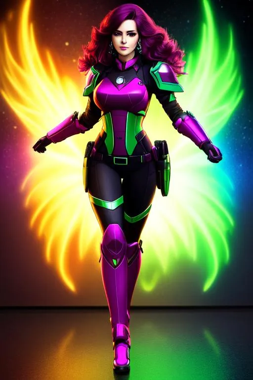 Prompt: american woman, full body, dark magenta hair, green and yellow science fiction armor