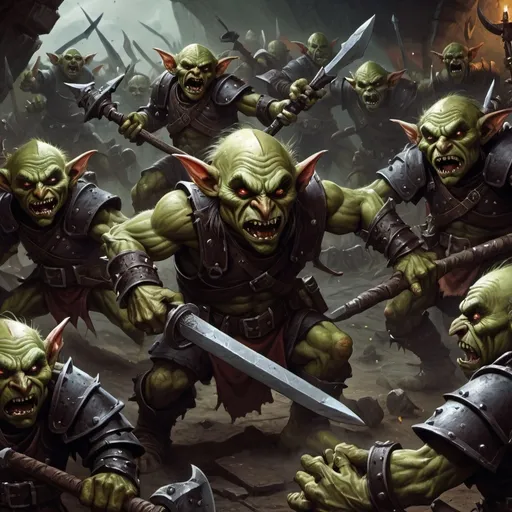 Prompt: Warhammer fantasy RPG illustration of goblin pack battling, gritty and detailed, dark fantasy, chaotic battle scene, menacing goblin faces, intense action, dynamic composition, realistic textures, dramatic lighting, high quality, detailed, dark fantasy, dynamic composition, chaotic battle scene, menacing goblins, realistic textures, dramatic lighting