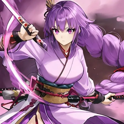 A young female samurai with purple long braided hair...