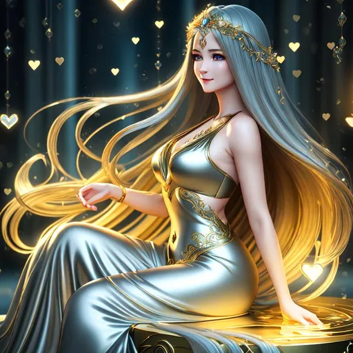 Prompt: Happy, Joyful, Affectionate, 3D HD Beautiful [{one}{Goddess}Female liquid satin, Beautiful big {heart-shaped}reflective eyes, long flowing hair, beautiful hands]::2, intricate detail, cinematic lighting, hyper realistic, 8K --s98500