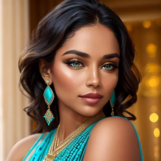 Prompt: A beautiful woman in shades of gold and turquoise, facial closeup