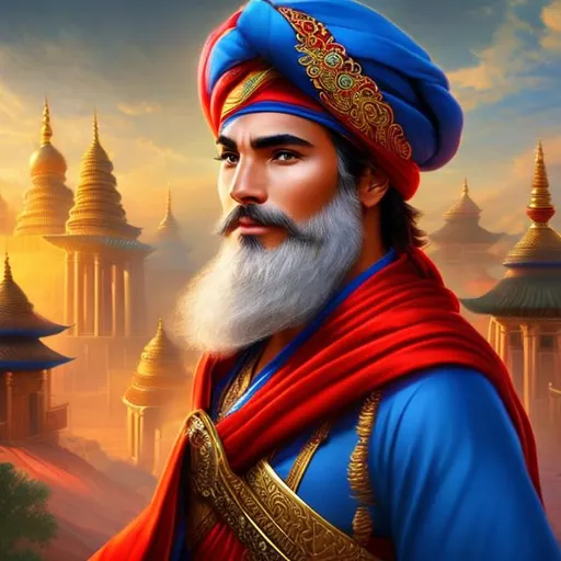 Prompt: temple cleric, healer, masculine, beautiful, handsome, fit, male body, with a red vest and a blue turban covering his head. He holds a curved sword and a shield. intricate, highly detailed, digital painting, warm atmosphere, extremely detailed