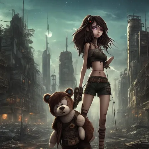 Prompt: cgi amine steampunk style, petite brunette female android, pretty face, green eyes, high cheek bones, dark green bikini top, low slung brown cargo shorts, lightly tanned body, carrying a torn teddy bear, minor cuts and bruises on body, post apocalyptic city skyline in background, large moon,  