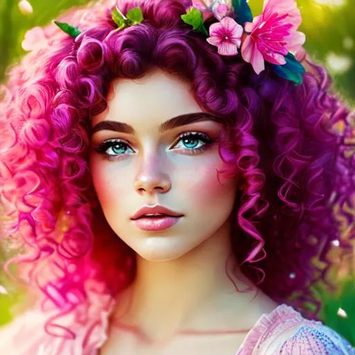 Prompt: a young fairy of spring, very curly hair, pink glow on cheeks,wildflowers, vivid colors, closeup