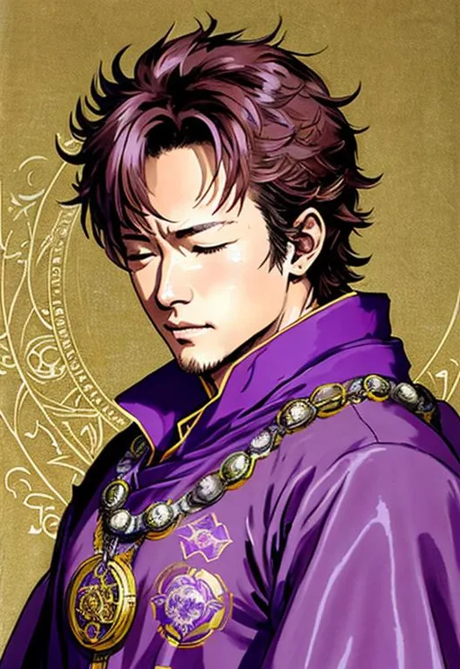 Prompt: (((Yoji Shinkawa))), sticker of ultra detailed portrait of Luke Perry with eyes closed, wearing a large medallion, in purple mage robe. high quality cell shaded illustration in fantasy apocalyptic style by Yoji Shinkawa, ((full body)), dynamic pose, perfect anatomy, castle setting, magician, eyes closed, centered, freedom, soul, purple short hair, eyes shut, approach to perfection, cell shading, 4k , cinematic dramatic atmosphere, watercolor painting, global illumination, detailed and intricate environment, artstation, concept art, fluid and sharp focus, volumetric lighting, cinematic lighting, Art by Yoji Shinkawa,