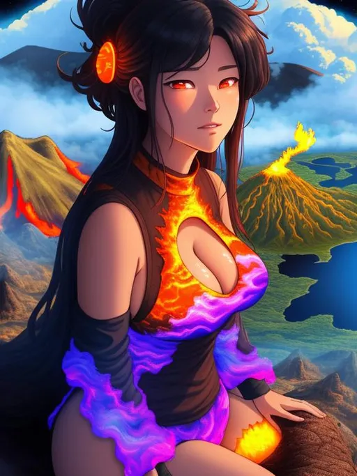 Prompt: Full body, Create a surreal digital art piece of a giantess relaxing in a volcanic crater, surrounded by clouds. She is taking a bath in the molten lava, and the lava is glowing a warm orange color. The landscape around her is highly detailed, with jagged rocks and smoking vents. The giantess has an otherworldly appearance with glowing eyes and a serene expression. The overall tone of the piece is surreal and ethereal, with a focus on the contrast between the relaxing scene and the dangerous volcanic environment. The artwork should be highly detailed and created using digital painting software such as Photoshop or Procreate, with a resolution of at least 3000x3000 pixels