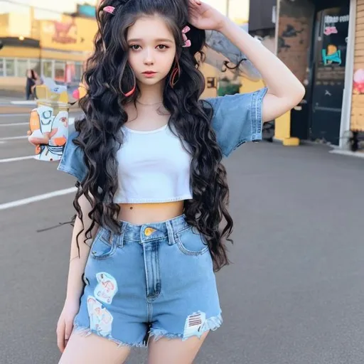 Prompt: cute anime girl with long wavy blue hair wearing  jean shorts and a crop top