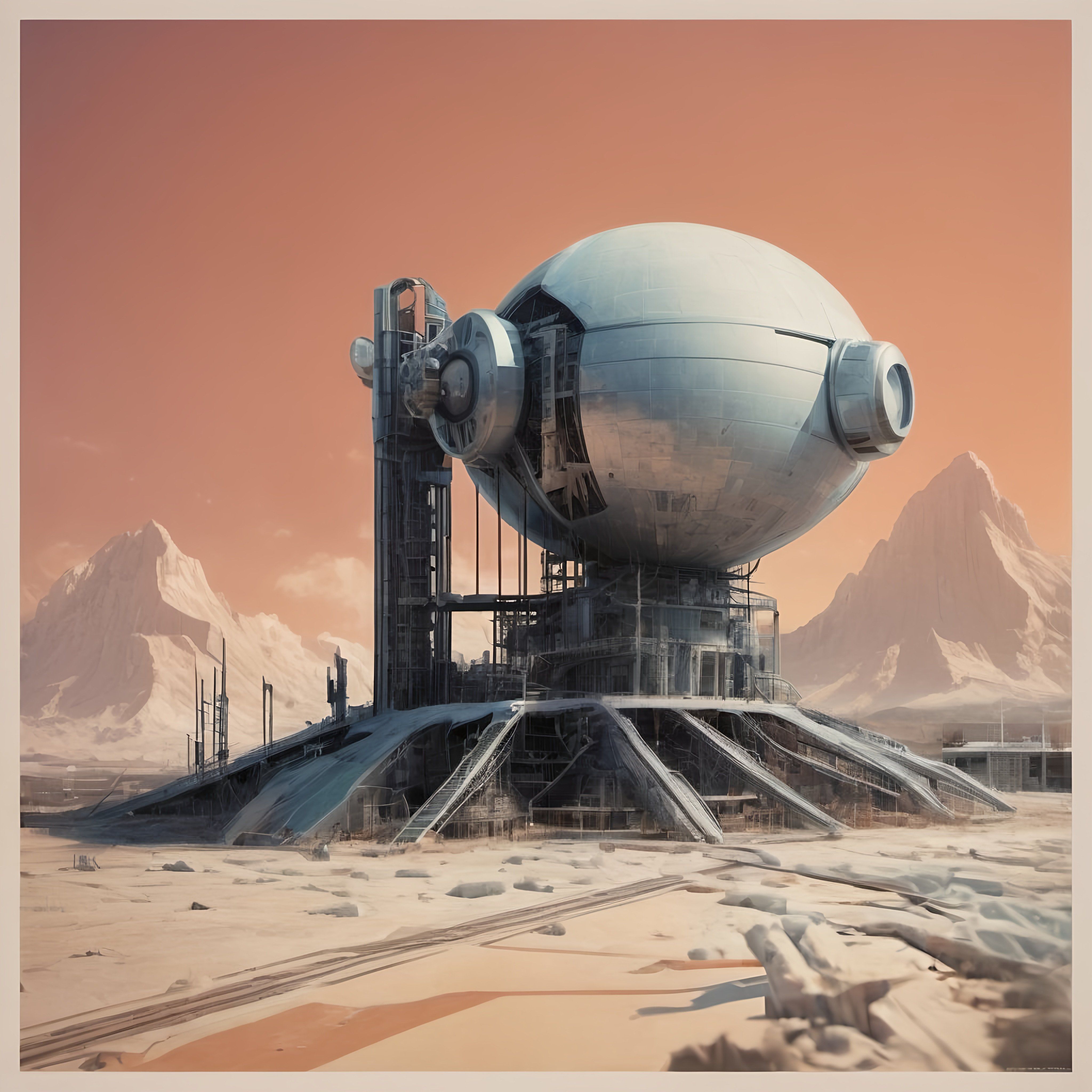 Prompt: a futuristic building with a giant object in the middle of it's landscape, with mountains in the background, an ambient render