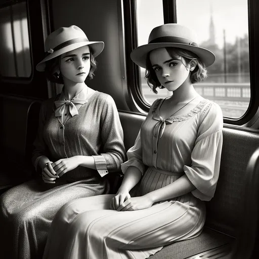 Prompt: old time photo of young emma Watson, dressed with 1920s very short hair, wearing a fedora, long, flowing, spring dress, sitting on train, raw photo, photorealistic, High Detail, dramatic, UHD, HDR raw photo, realistic, sharp focus, 8K high definition, insanely detailed, intricate, high quality, 