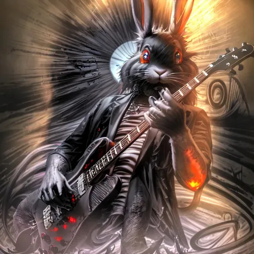 Prompt: Horror, Scary, Ominous, Sinister, freeform dark chaos epic bold, 3D, HD, {one}({liquid furry! {Man}Rabbit dressed in Guitarist outfit} ink), Beautiful big reflective eyes, long flowing hair, expansive psychedelic background --s99500