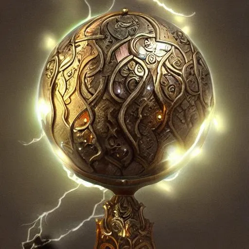 Prompt: a magic item that looks like a glowing stone sphere covered in detailed engravings shooting lightning, fantasy art, fantasy, magic, concept art, highly detailed, artstation, award winning,