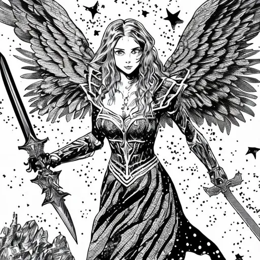 Prompt: High grain scan black and white illustration of a woman in a dress with wings and a sword with stars in the background