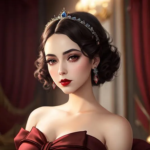 Prompt: Ethereal fantasy image detailed painting by Tim burton and artgerm portrait of a beautiful 1920's high class young aristocrat female with dark brown eyes perfect cherry red lips wearing a very beautiful formal gown,  artgerm, award-winning cgi, blender 