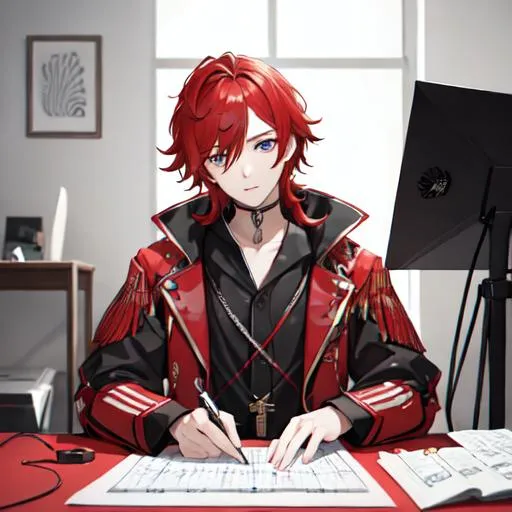 Prompt: Zerif 1boy (Red side-swept hair covering his right eye) as a young adult composing music, UHD, 8K, highly detailed, 