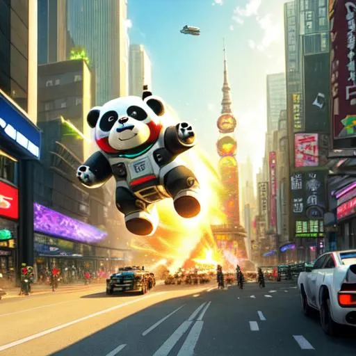 Prompt: masterpiece, best quality, illustration, realism,((( A serene giant robot panda attack to building))),motion blur, angry,big panda,big panda, laser beam from the eye, Destroyed city, people running away, soldiers attacking with guns, fighters jet attacking, digital ,realistic, full view, Artstation, CGsociety, Alphonse Mucha , cats, cityscape, streetfight, 4k, 8k, hd, big penguin, drunk people, huge explosion, french revolution, gradient, thunder, sunset,angry, angry penguin attack to building, riot, martial law, police blocking,