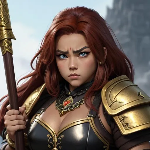 Prompt: masterpiece, splash art, ink painting, beautiful pop idol, D&D fantasy, (25 years old) lightly tanned-skinned gold Dwarf barbarian female, ((beautiful detailed face and large eyes)), ((short, stocky, dwarf proportions)), raging expression, medium length red hair, serious expression looking at the viewer, wearing detailed hide armor holding a huge battle axe above in one hand #3238, UHD, hd , 8k eyes, detailed face, big anime dreamy eyes, 8k eyes, intricate details, insanely detailed, masterpiece, cinematic lighting, 8k, complementary colors, golden ratio, octane render, volumetric lighting, unreal 5, artwork, concept art, cover, top model, light on hair colorful glamourous hyperdetailed medieval city background, intricate hyperdetailed breathtaking colorful glamorous scenic view landscape, ultra-fine details, hyper-focused, deep colors, dramatic lighting, ambient lighting god rays, flowers, garden | by sakimi chan, artgerm, wlop, pixiv, tumblr, instagram, deviantart