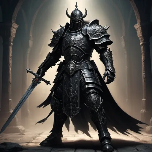 Prompt: Warhammer fantasy RPG-style warrior in black armor, wielding a two-handed sword, detailed armor with intricate engravings, intense and powerful stance, high quality, dark fantasy, detailed weapon, menacing aura, battle-worn armor, dramatic lighting, medieval fantasy, imposing presence, ultra-detailed, dynamic pose, intricate details, striking silhouette, heavy armor, atmospheric lighting