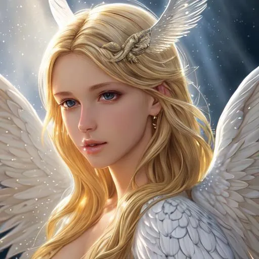 Prompt: Angel, beautiful face, detailed face, blonde, shining, holy light background, wide white wings, full body, mythical, fantasy, elegant, hyperrealism, highly detailed, intricate detailed,dynamic lighting, 4K, HD.
