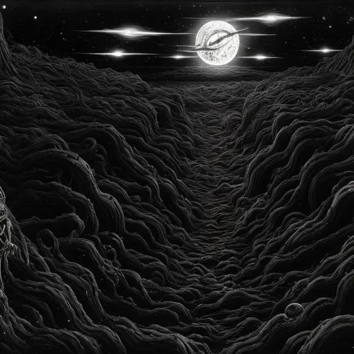 Prompt: Dark space landscape void filled with dread, Junji Ito style, detailed cosmic horror, high detail, black and white, eerie lighting, surreal void, haunting atmosphere, intense shadows, unsettling shapes and forms, best quality, highres, ultra-detailed, cosmic horror, Junji Ito style, dark tones, surreal, eerie lighting