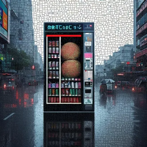 Prompt: In the shimmering simulacrum of Osaka's urban sprawl, amidst the deluge of digital data rain, a sentient vending machine emerges as a symbol of a hyperreal society. Time itself becomes a fluid construct as daytime blurs into a mosaic of algorithmic aesthetics. A solitary man stands at the crossroads of choice and contemplation, caught in the tangled web of algorithmic aesthetics, questioning the very essence of being. AI-infused brushstrokes paint an abstract portrait of technosocial dynamics, blurring the boundaries between human and machine. This postmodern AI art transcends mere representation, becoming an enigmatic prism reflecting the interplay between our primal desires and the digital labyrinth. Through rain-soaked codes and neon-lit abstractions, the artwork beckons us to explore the labyrinthine corridors of self, where choices become a kaleidoscopic spectacle of ever-shifting perspectives.