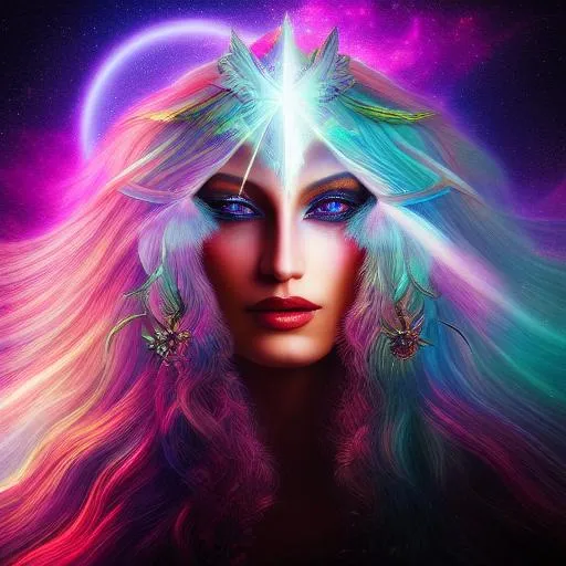 Prompt: Insanely detailed photograph of an elaborate and enigmatic "nebulous light crystal woman"; an intricate and hyperdetailed painting, fantasy art, album cover art, sun rays, beautiful woman, long white hair flowing into a galaxy