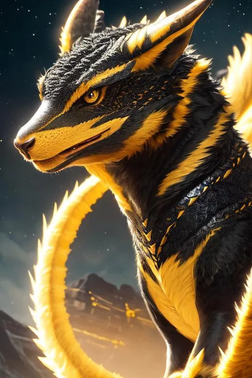 Prompt: Portrait of an wyvern with striking galactic fur and black and gold markings and a cute face, castle background, perfect composition, hyperrealistic, super detailed, 8k, high quality, trending art, trending on artstation, sharp focus, studio photo, intricate details, highly detailed, by greg rutkowski