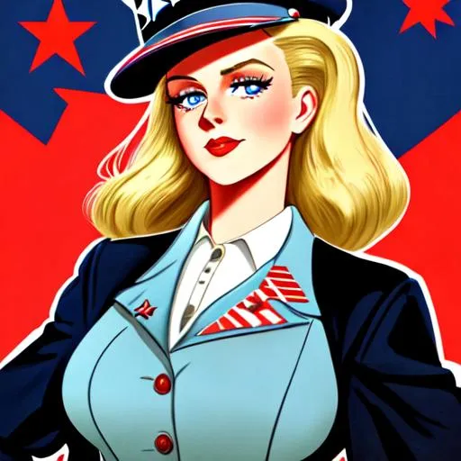 Prompt: ilustration like 1940s US military propaganda poster, uncle sam

a full body shot, a whole body picture, a blonde curvy girl looks like a working class hero 

accurate proportions, lovely square face, big light blue eyes, narrow nose, narrow red lips, German, busty, saggy, big areolas, Soviet uniform

She is wearing German, black SS uniform

She is holding pistol

Pastel colours, centered, approaching perfection, dynamic, highly detailed, watercolour painting, artstation, concept art, smooth, sharp focus, illustration, art by Julie Bell and Boris Vellejo and Luis Rojo