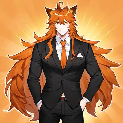 Prompt: A  long-haired, hunky muscular orange catboy in a business suit 