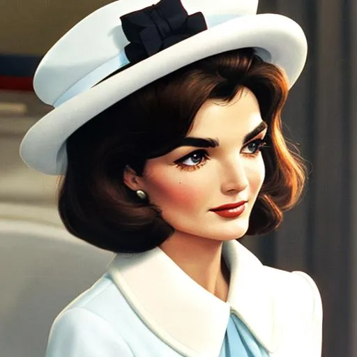 Prompt: Jackie Kennedy ,pretty outfit, pillbox hat,closeup