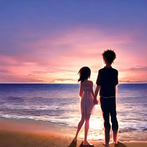 Prompt: Boy and girl on a beach in the sunset viewing from behind