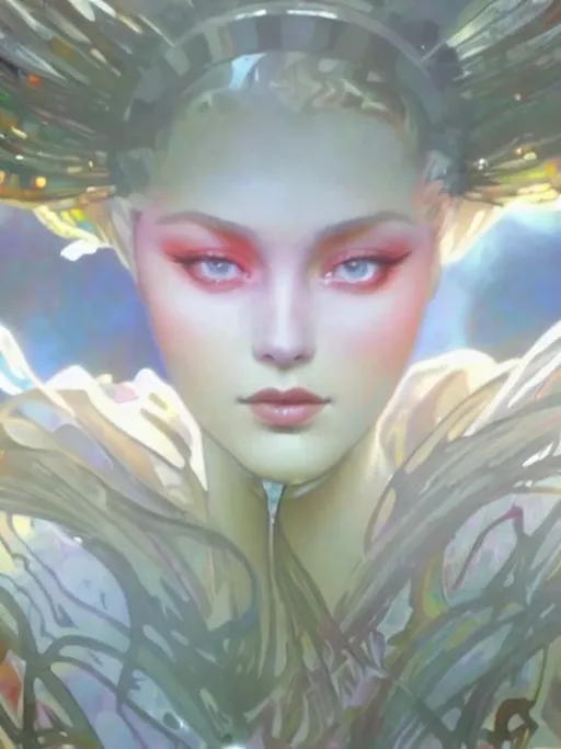 Prompt: stained glass picture of a disco queen, a haircap made of shattered glass mirror, beautiful face, dramatic makeup, digital art, very realistic, futuristic, vintage intricate, elegant, symmetry, dark vignette, Best quality, super clear resolution, concept art, depth of field, sunny backlit, art by Wadim Kashin, alphonse mucha , john william waterhouse,  Jugendstil Art