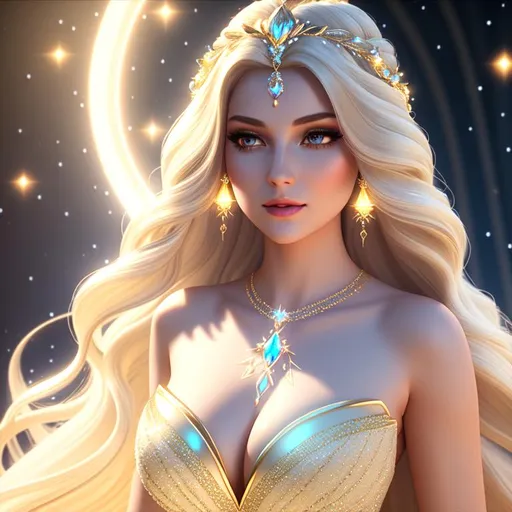 Prompt: Beautiful ethereal girl, ((snow white skin)), magic glowing orbs, ((wearing diamantine intricate gown)) ((long bright blonde straight hair)), glowing, trails of light, wisps, soft white skin, slight sparkles, unreal engine 8k octane, 3d lightning, stellar, quartz, gem rain, luminous chest, fantasy, cleavage