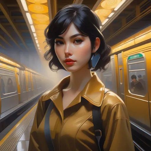 Prompt: Third person, gameplay, Japanese girl, pale skin, black hair, brown eyes, 2020s, smartphone, Gotham City subway station, foggy, golden atmosphere, cartoony style, extremely detailed painting by Greg Rutkowski and by Henry Justice Ford and by Steve Henderson 