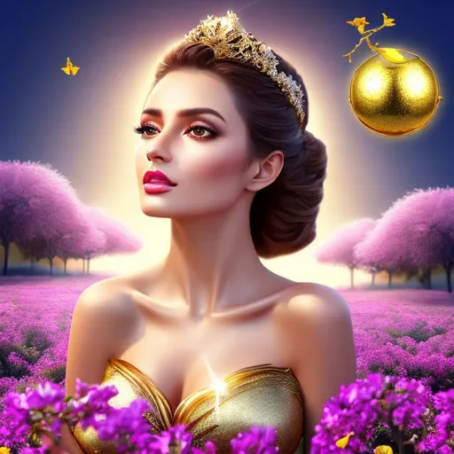 Prompt: HD 4k 3D 8k professional modeling photo hyper realistic beautiful woman ethereal greek goddess of concord
cream colored hair gold hazel eyes gorgeous face dark skin shimmering dress jewelry fruit crown full body surrounded by magical glow hd landscape background fruit orchard in perfect weather with bees