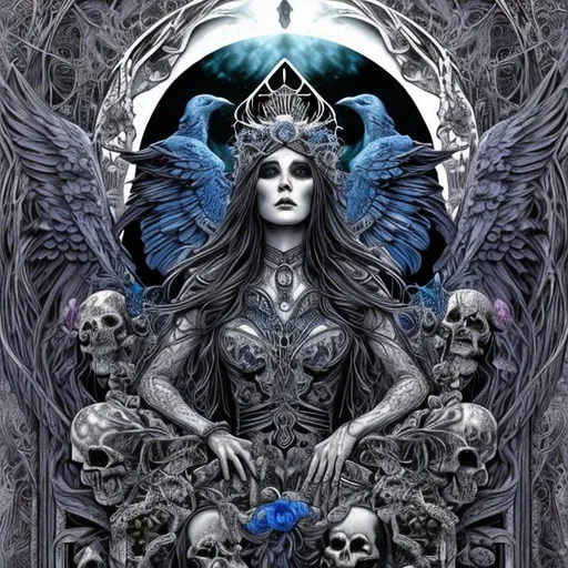 Prompt: ultra realistic coloring page goddess of death with raven face sitting on throne made out of skulls, surrounded by dark blue and red butterfly's in art nouveau plus digital art style



