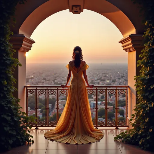 Prompt: A woman in a flowing gold dress, standing gracefully on an elegant balcony, overlooking a sprawling cityscape bathed in the warm glow of the sunset. The skyline reveals towering buildings and twinkling lights, evoking a sense of serenity and grandeur. Lush greenery frames the balcony, enhancing the romantic ambiance. The scene is captured in ultra-detailed, cinematic quality, exuding sophistication and beauty.