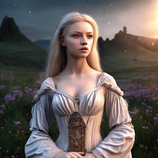 Prompt: HD 4k 3D professional modeling photo hyper realistic beautiful enchanting woman medieval welsh princess blonde hair fair skin blue eyes gorgeous face pink and white dress dark welsh dungeon magical night landscape hd background ethereal mystical mysterious beauty full body