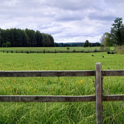 Prompt: field with fence for cows, but no cows in picture