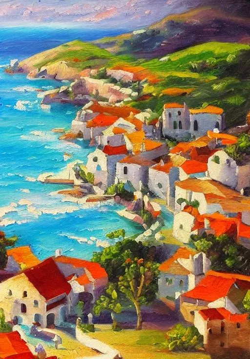 Mediterranean sea coast town landscape oil painting