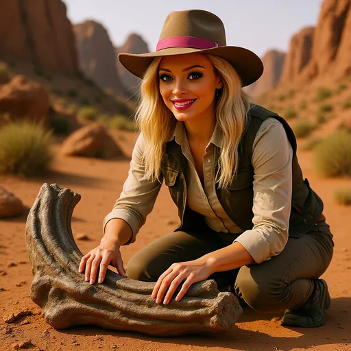Prompt: Amidst a rugged, rocky landscape illuminated by soft, golden light, a woman dressed in adventurous attire she kneels and leans near a very large ancient fossil of a dinosaur femur. With striking details in her clothing—a leather vest over a beige shirt and a wide-brimmed hat with a pink band—she kneels intently over the well-preserved remnants, fingers delicately tracing the intricate patterns of the long-extinct creature. Her expression is one of focused curiosity, embodying the spirit of exploration and discovery as she looks up to the camera and smiles. The warm earth tones of the surrounding environment contrast with the cooler hues of the fossil, highlighting the age and significance of the find. The image evokes a sense of wonder and the thrill of uncovering hidden history in a desolate yet beautiful landscape.