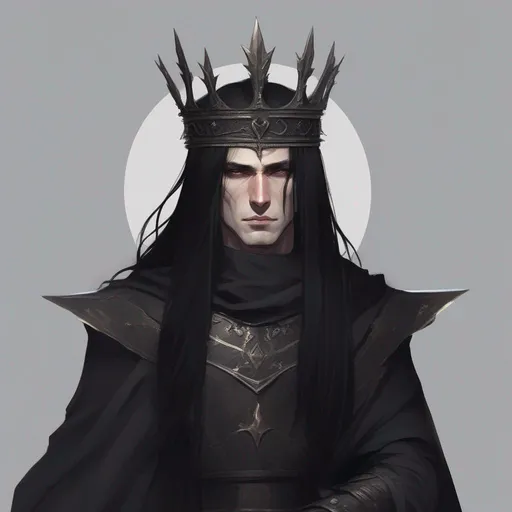 Prompt: dnd a thin and tall human man with long straight black hair and pale skin wearing a black thorn crown and a black toga 