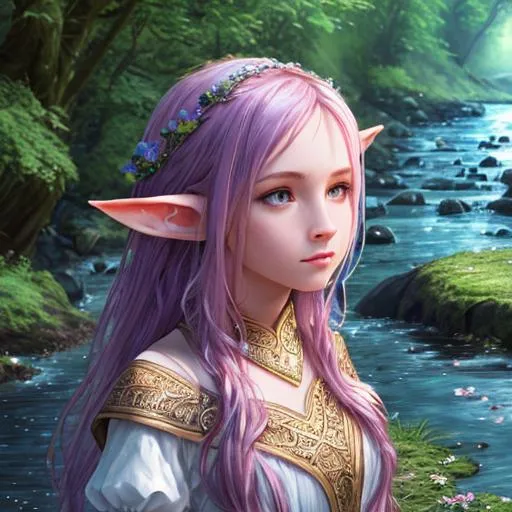 Prompt: UHD, environment, bloom, leavvess, By a river, Highly detailed, HD colour, Young girl, iridesence, elf ears, flowing hair, HD colour