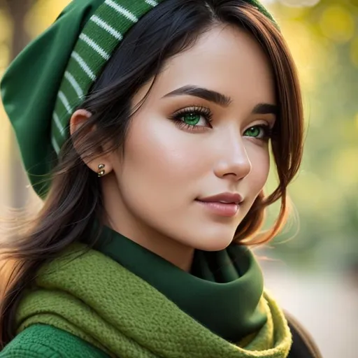 Prompt: a woman wearing a green scarf