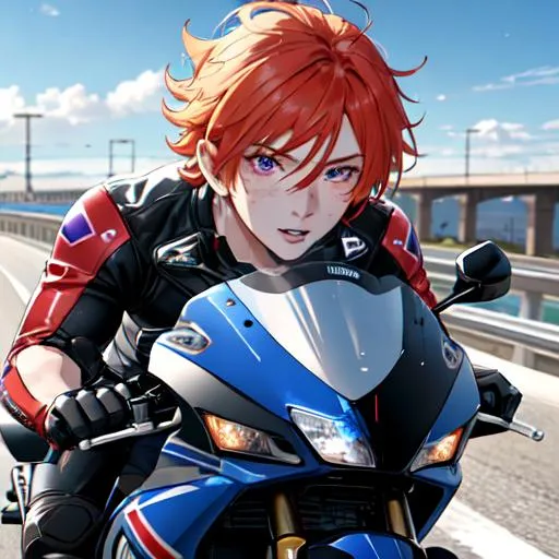 Prompt: Erikku male (short ginger hair, freckles, right eye blue left eye purple) muscular, riding a motorcycle. UHD, 8K, Highly detailed, wearing biker gear, driving on the freeway, close up, insane detail, best quality, high quality