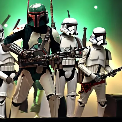 Prompt: Boba Fett singing in concert, "Moves like Jango" a parody of "Moves like Jagger. Stormtroopers serve as back up singers and princess Leia sings as well. Javba the hurt and other star wars figures are in attendance in a concert hall styled after Mos Eisley. 