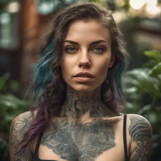 Prompt: a beautiful 25 yo woman, Summer clothes, tattooed, plants background, 8k, HDR, best quality, ultra-detailed, Intricate details, details lips, details hair, looking at viewer, shadow, Light reflection on the skin, wet skin, Masterpiece, skinny, natural lighting realistic,