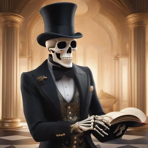 Prompt: An elegant skeleton in a refined suit and top hat, gracefully bowing in gratitude as he expresses his appreciation for your presence at his storytime, while a soft glow illuminates the room, casting intricate shadows on the walls.