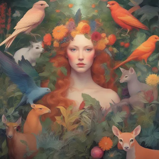 Prompt: Colorful Persephone as an angle surrounded by plants and animals