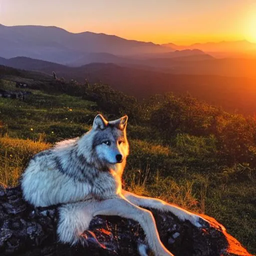 Prompt: Wolf looking out into the distance on a mountain with sunset in the background